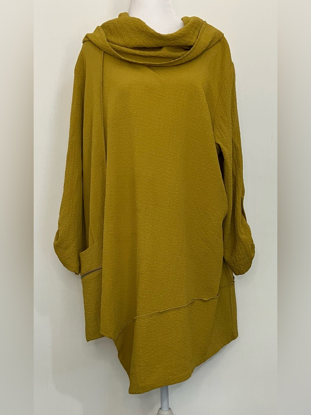 Ali Miles Tunic Top XL Mustard Yellow Lagenlook Textured Artsy Pocket Boho